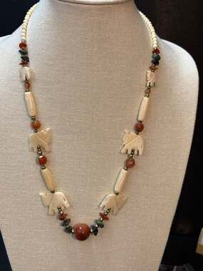 Carved Bone in shape of Elephant Necklace with Stone Beads & Brass Accents